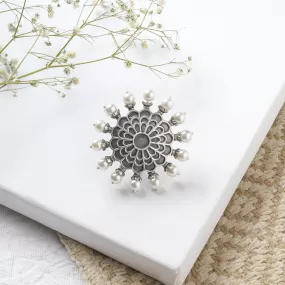 Teejh Suvanshi Floral Pearl Silver Oxidised Ring