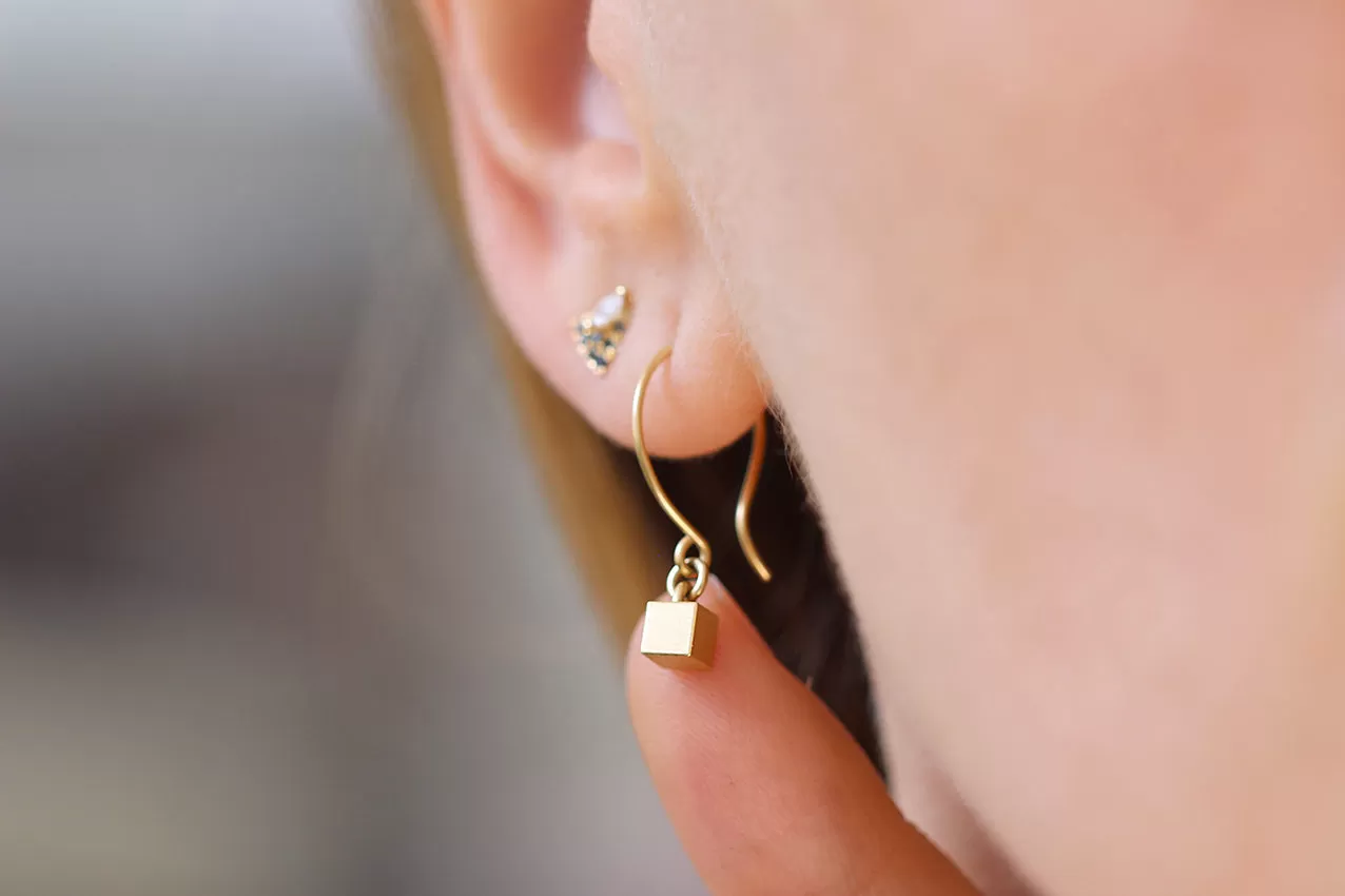 Tiny Cube Gold Earrings - Geometric Ear Piece