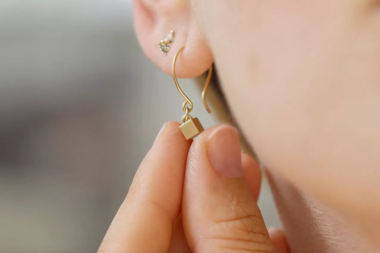 Tiny Cube Gold Earrings - Geometric Ear Piece