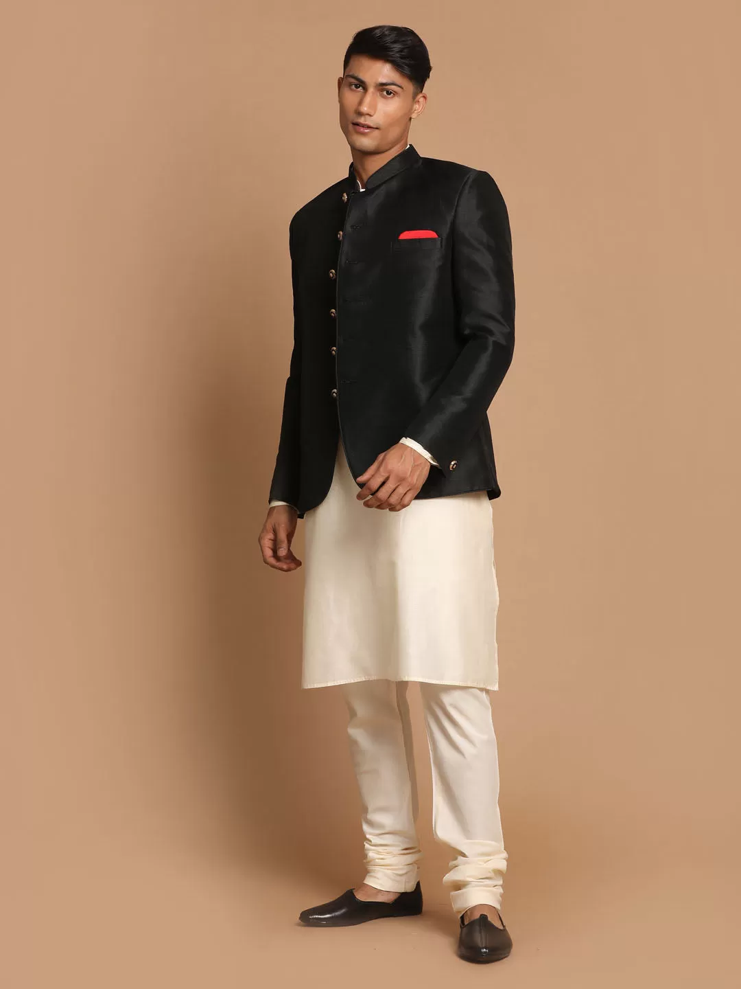 VASTRAMAY  Men's Black Silk Blend Jodhpuri With Cream Viscose Rayon Kurta Pyjama Set