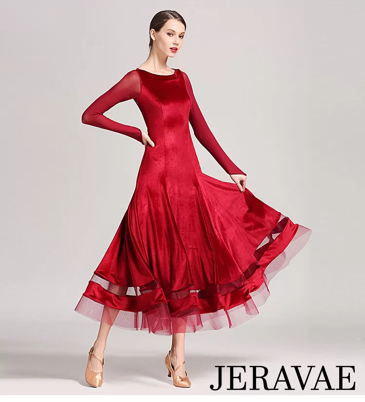 Velvet Sheen Ballroom Practice Dress with Mesh Details and Long Sleeves in 3 Colors and Sizes S-XXL PRA 279_sale