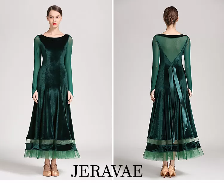 Velvet Sheen Ballroom Practice Dress with Mesh Details and Long Sleeves in 3 Colors and Sizes S-XXL PRA 279_sale