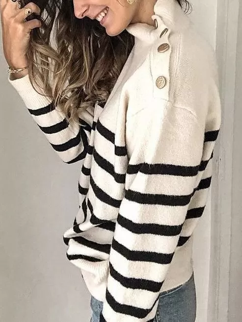 Women's Striped Turtleneck Button Knit Pullover Sweater