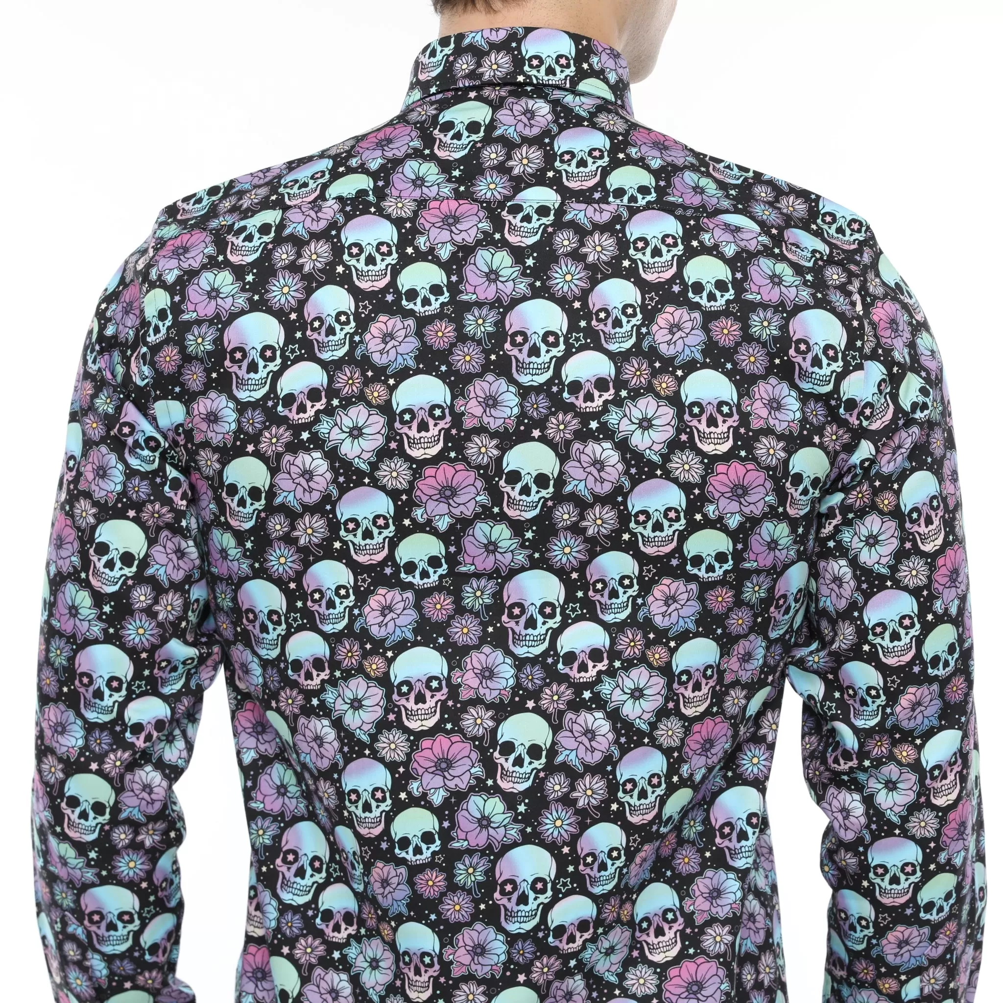 Xact Men's Holographic Skulls & Flower Print Long Sleeved Shirt, Regular Fit