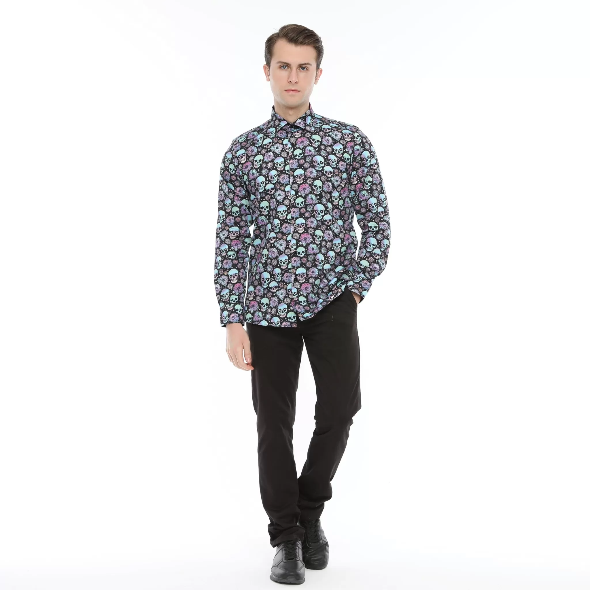 Xact Men's Holographic Skulls & Flower Print Long Sleeved Shirt, Regular Fit