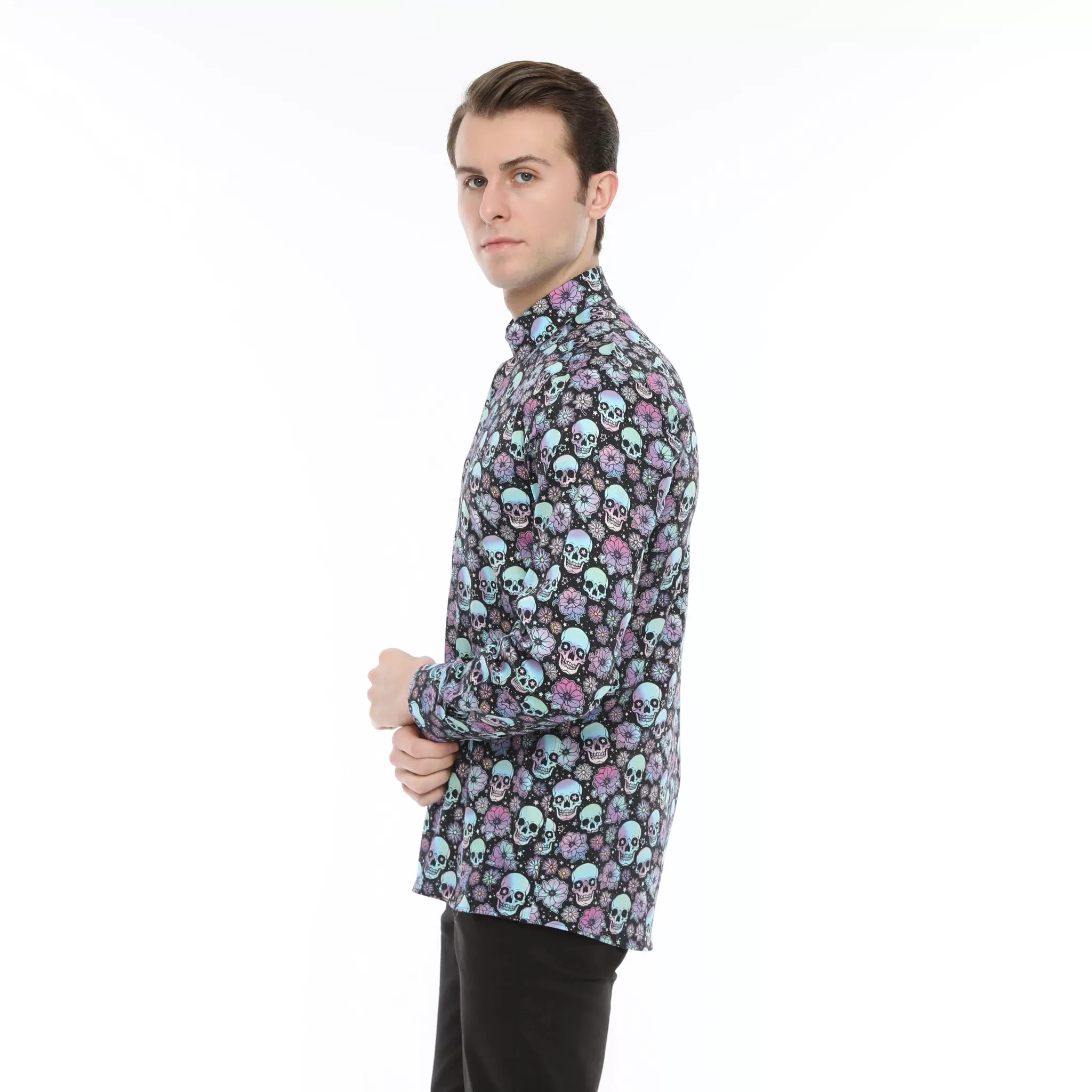 Xact Men's Holographic Skulls & Flower Print Long Sleeved Shirt, Regular Fit